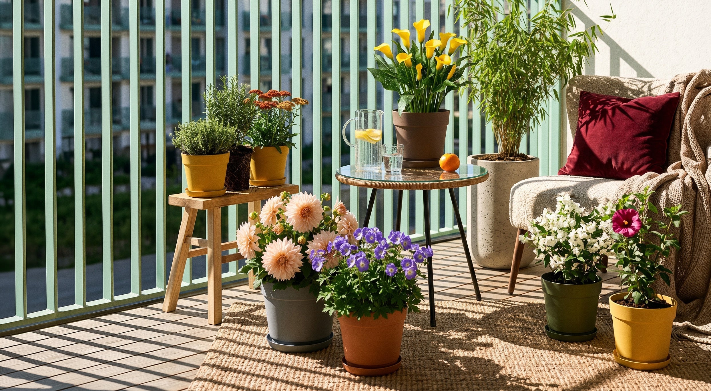 Ein sonniger Balkon mit Topfblumen und Pflanzen, ein runder Tisch mit einem Krug Zitronenwasser und Gläsern, ein gemütlicher Stuhl mit Kissen und ein gewebter Teppich auf dem Boden.