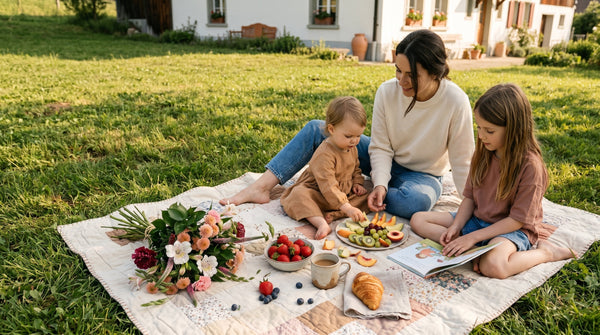 Ein Strauß aus cremefarbenen Rosen, hellrosa Knospen und kleinen lilafarbenen Blumen mit Grünzeug, arrangiert auf einer hölzernen Fläche im warmen Sonnenlicht.