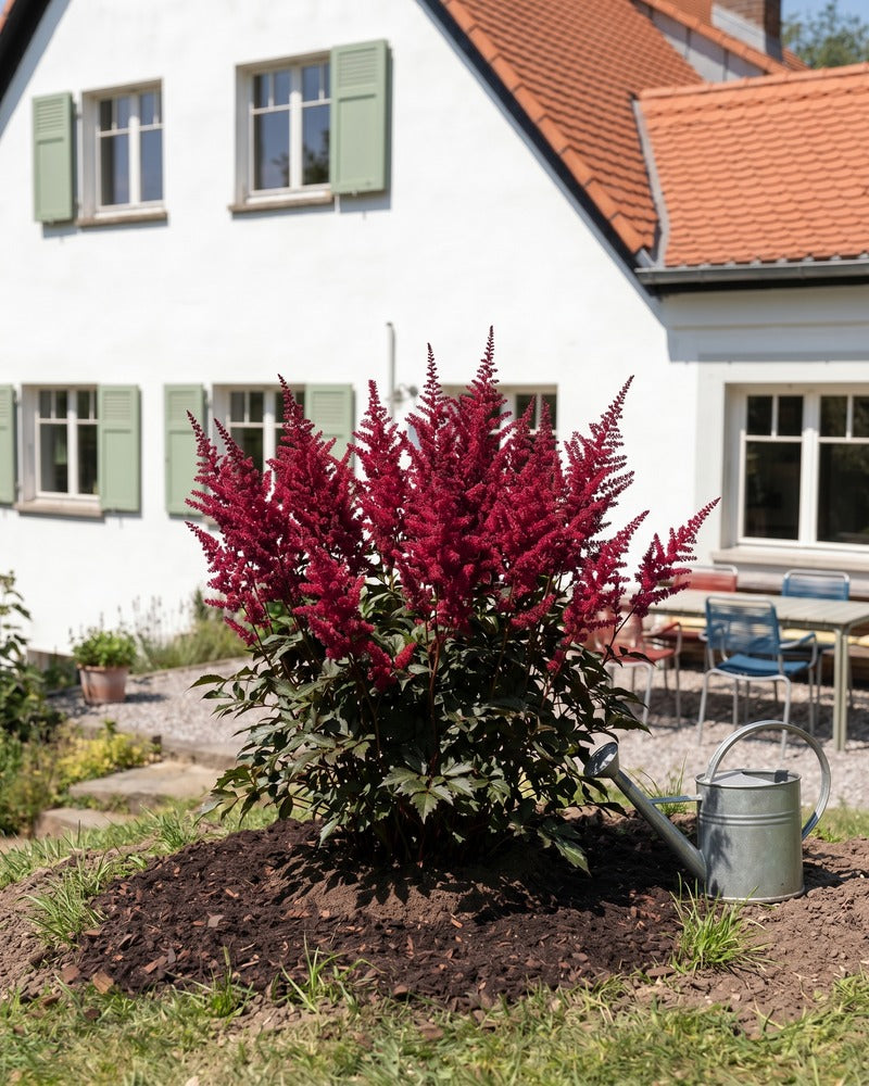 Pink blühende Astilbe im Gartenbeet vor einem Landhaus mit grünen Fensterläden und Zinkgiesskanne