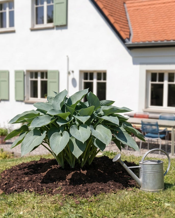 Blaugrüne Hosta mit grossen herzförmigen Blättern im Gartenbeet vor einem Landhaus mit Zinkgiesskanne