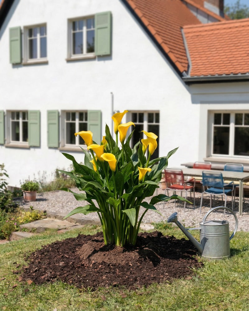 Gelbe Calla in voller Blüte im Gartenbeet vor einem Landhaus mit Zinkgiesskanne