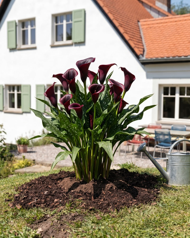 Violette Calla in voller Blüte im Gartenbeet vor einem Landhaus mit Zinkgiesskanne
