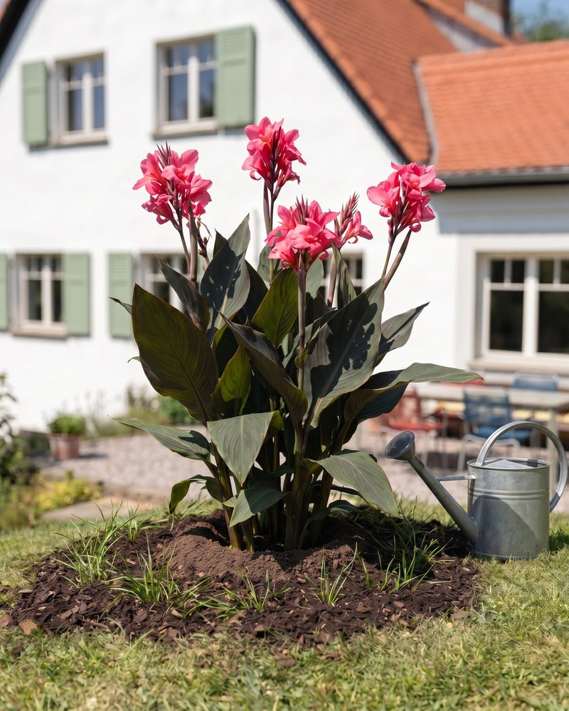 Pinke Canna in voller Blüte im Gartenbeet vor einem Landhaus mit Zinkgiesskanne