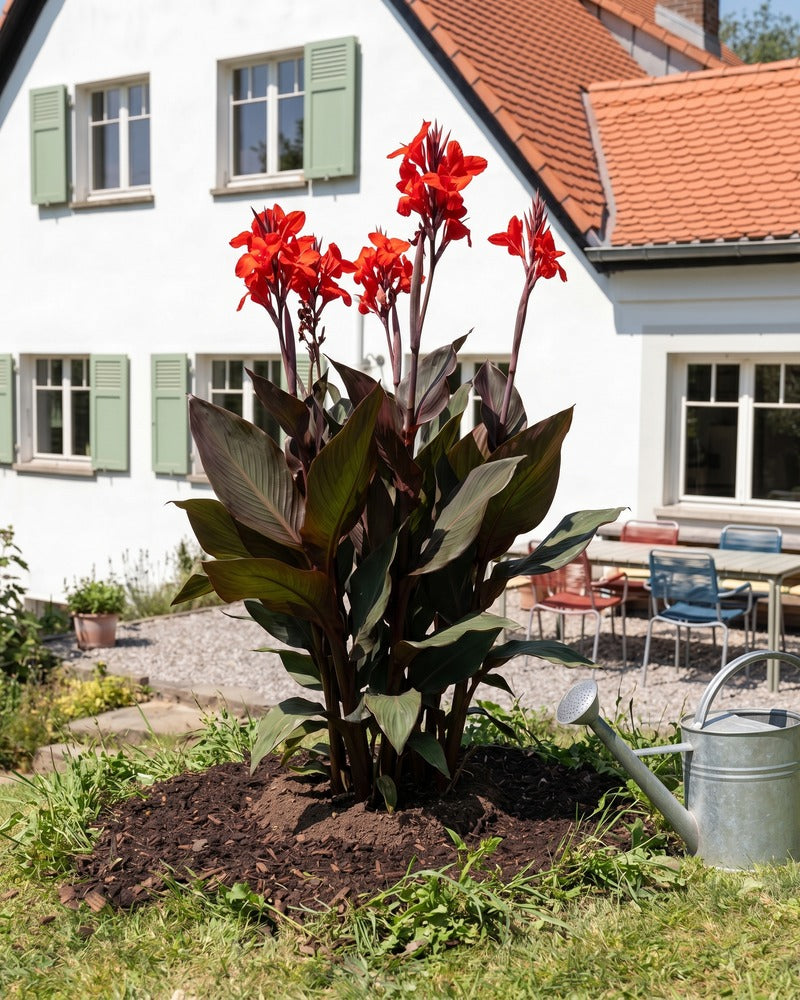 Rote Canna in voller Blüte im Gartenbeet vor einem Landhaus mit Zinkgiesskanne