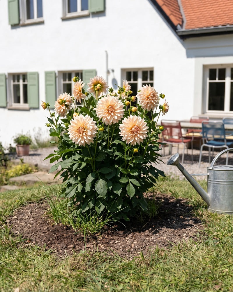 Beige Dahlie in voller Blüte im Gartenbeet vor einem Landhaus mit Zinkgiesskanne