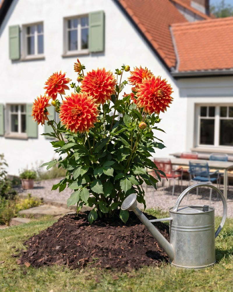 Orange-rote Dahlie in voller Blüte im Gartenbeet vor einem Landhaus mit Zinkgiesskanne