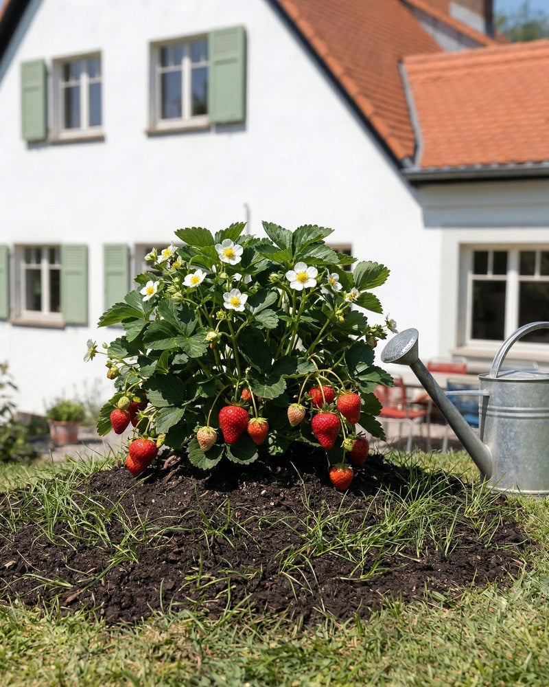 Eine Erdbeere (Wurzelstock) mit reifen und unreifen Früchten und weißen Blüten wächst in einem Gartenbeet neben einer Metallgießkanne, im Hintergrund ein Haus mit grünen Fensterläden und rotem Ziegeldach.