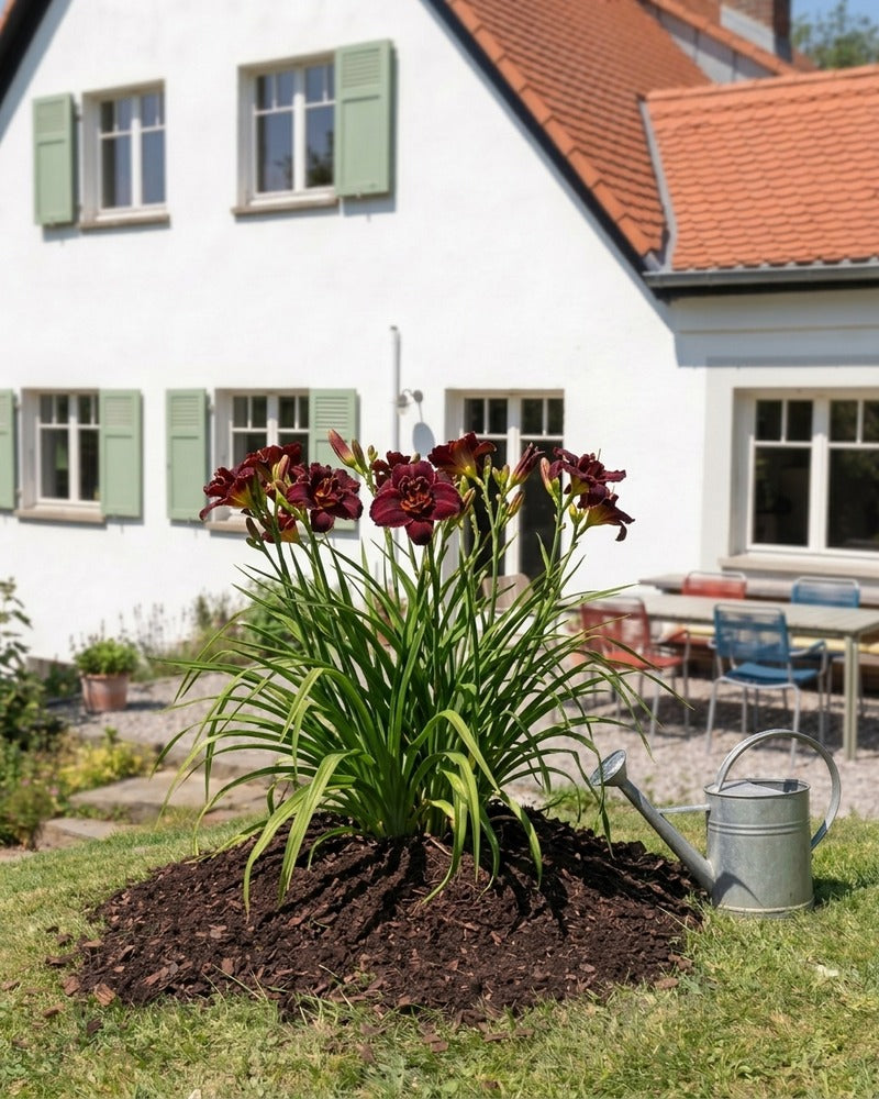 Weinrote Hemerocallis in voller Blüte im Gartenbeet vor einem Landhaus mit grünen Fensterläden und Zinkgiesskanne