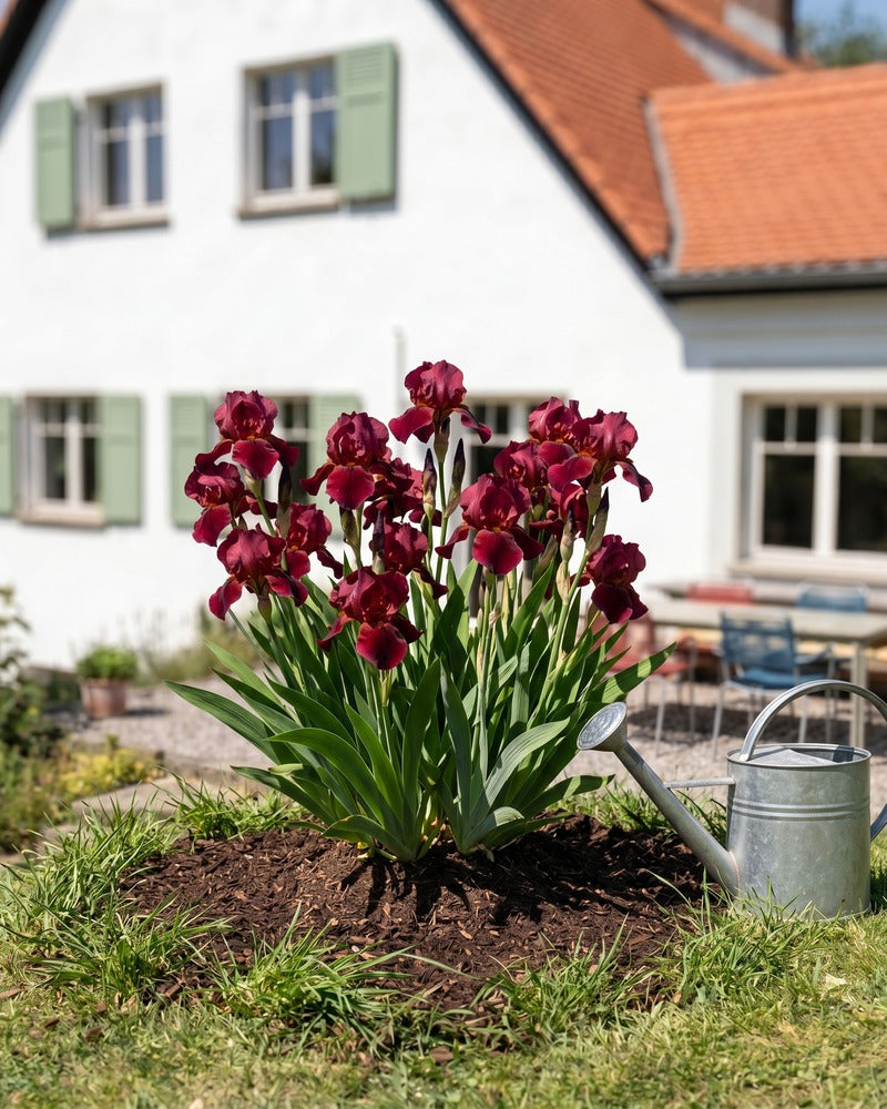 Rote Iris in voller Blüte im Gartenbeet vor einem Landhaus mit Zinkgiesskanne