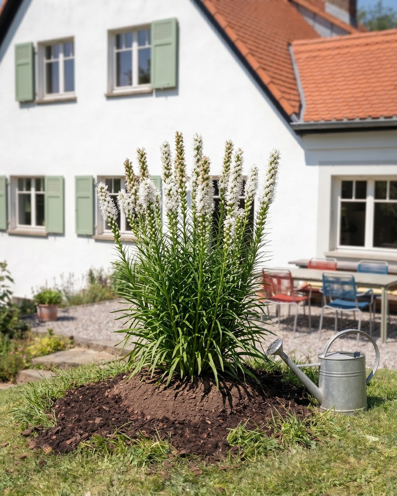 Weiss blühende Prachtscharte im Gartenbeet vor einem Landhaus mit grünen Fensterläden und einer Zinkgiesskanne