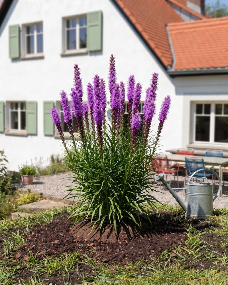 Nahaufnahme einer violetten Prachtscharte mit aufrechten Blütenähren im sonnigen Garten