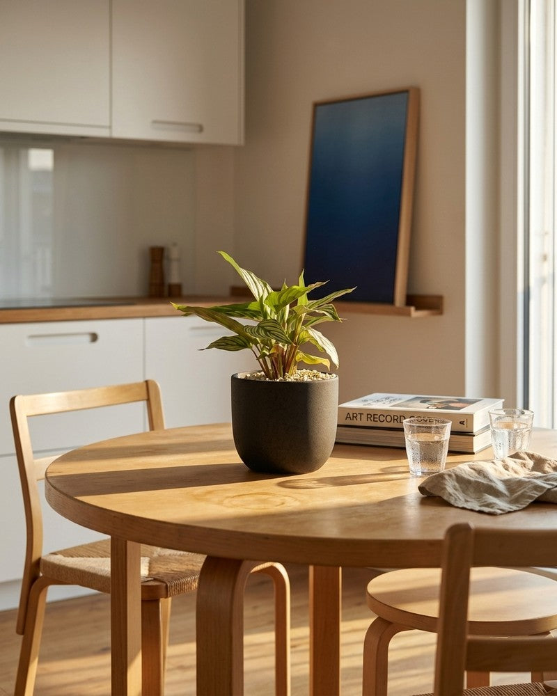 Die Calathea vittata steht in einem schwarzen Steingut-Topf auf einem runden Holztisch in einer sonnigen Küche neben einem Bildband und Wassergläsern.