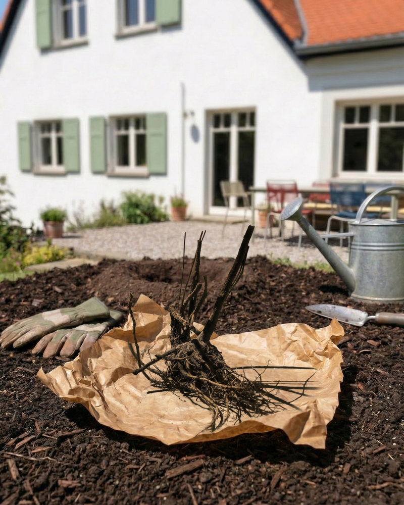 Eine wurzelnackte Erdbeere (Wurzelstock) steht auf braunem Papier über Gartenerde, umgeben von Gartenhandschuhen, einer Kelle und einer Metallgießkanne. Im Hintergrund ist ein weißes Haus mit grünen Fensterläden zu sehen.