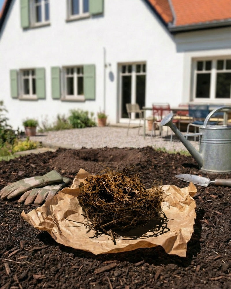 Knollen auf Packpapier mit Gartenhandschuhen und Zinkgiesskanne in einem Gartenbeet