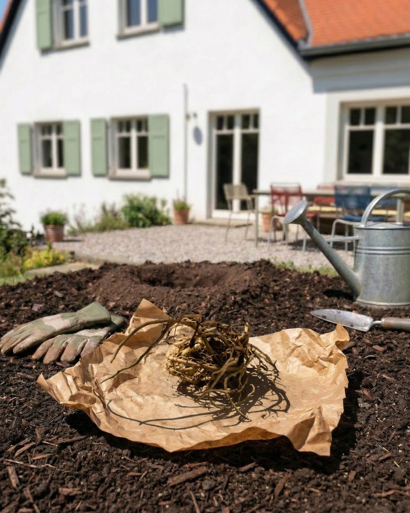 Knollen auf Packpapier mit Gartenhandschuhen und Zinkgiesskanne in einem Gartenbeet