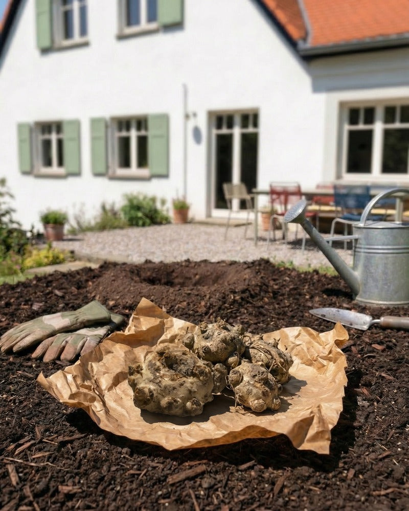 Knollen auf Packpapier mit Gartenhandschuhen und Zinkgiesskanne in einem Gartenbeet