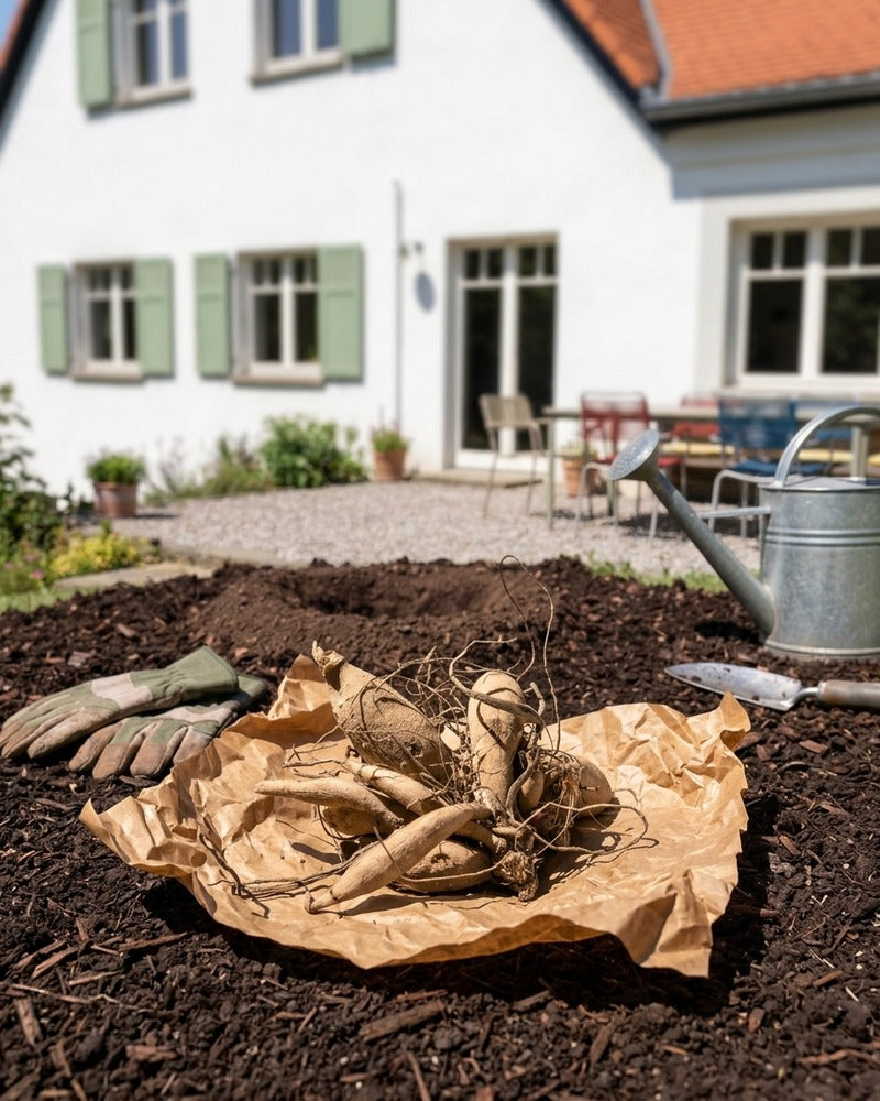 Dahlien-Knollen auf Packpapier mit Gartenhandschuhen und Zinkgiesskanne in einem Gartenbeet