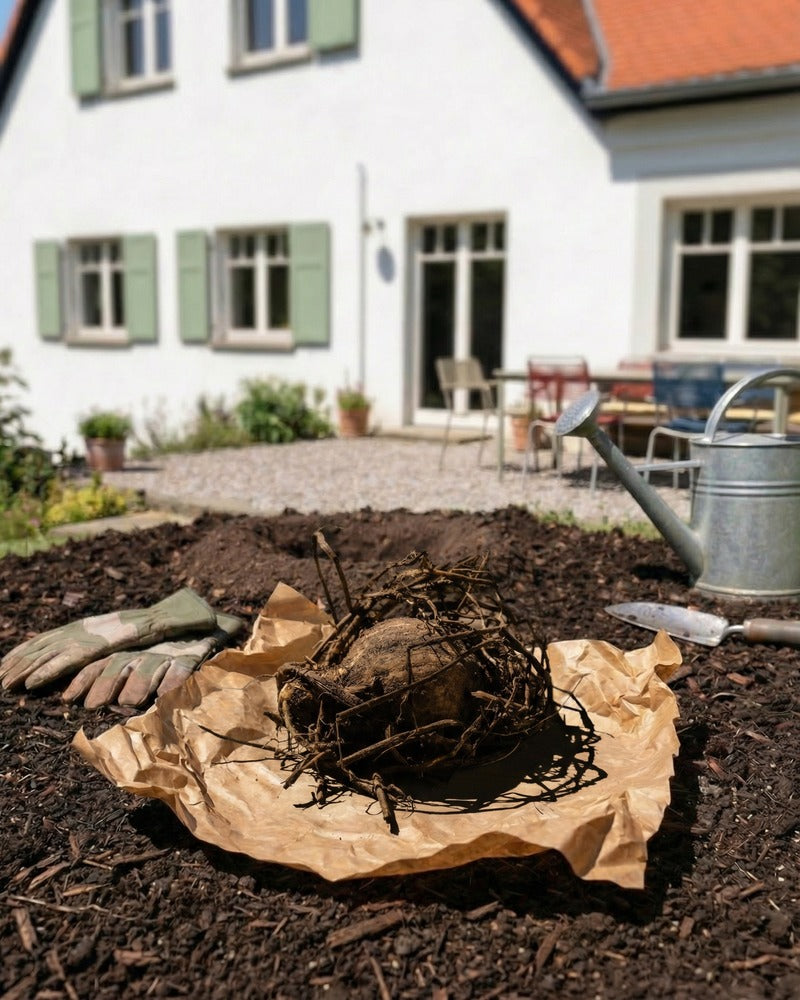 Knollen auf Packpapier mit Gartenhandschuhen und Zinkgiesskanne in einem Gartenbeet