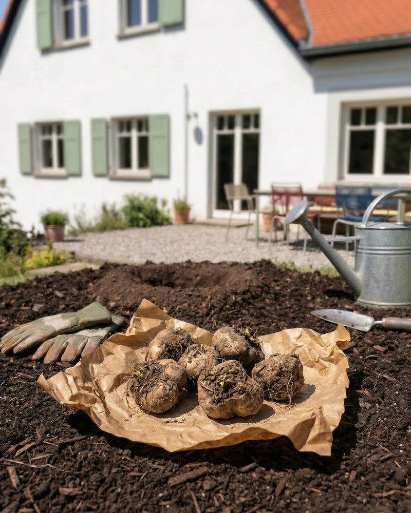 Prachtscharte-Knollen auf braunem Papier im Gartenbeet, umgeben von Gartenhandschuhen und einer Giesskanne