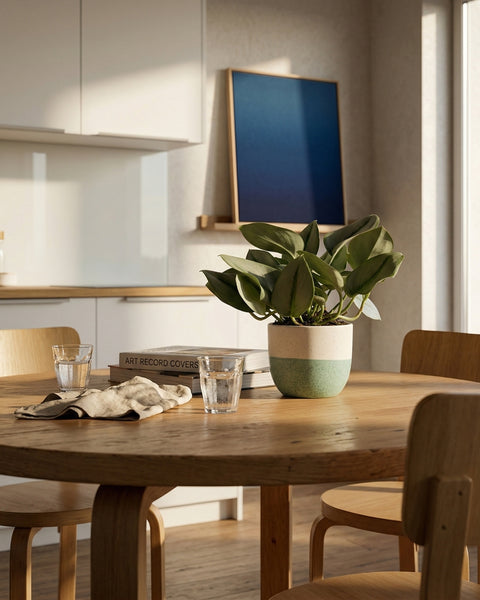 Ein hölzerner Esstisch mit einer Efeutute 'Moonlight' Pflanze, zwei Wassergläsern, einer Serviette und Büchern darauf. Holzstühle umgeben den Tisch, und ein blaues abstraktes Gemälde lehnt an der Wand in einer hellen modernen Küche.