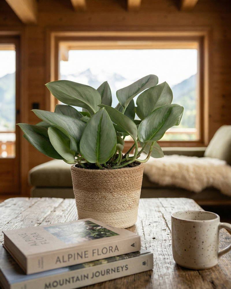 Eine Efeutute 'Moonlight' mit schimmernden Blättern steht auf einem Holztisch neben Büchern und einer gesprenkelten Tasse, während ein gemütliches Sofa und ein großes Fenster mit Blick auf die Berge den Hintergrund bilden.