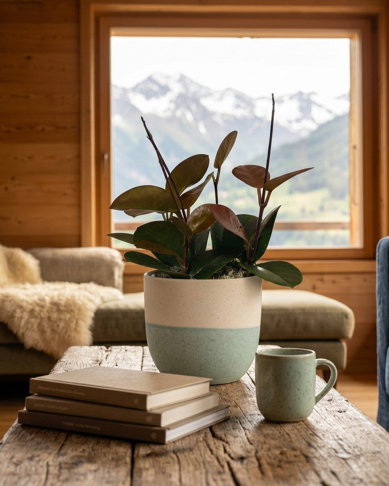Hoya australis im Variado-Topf auf rustikalem Holztisch vor Schweizer Bergpanorama