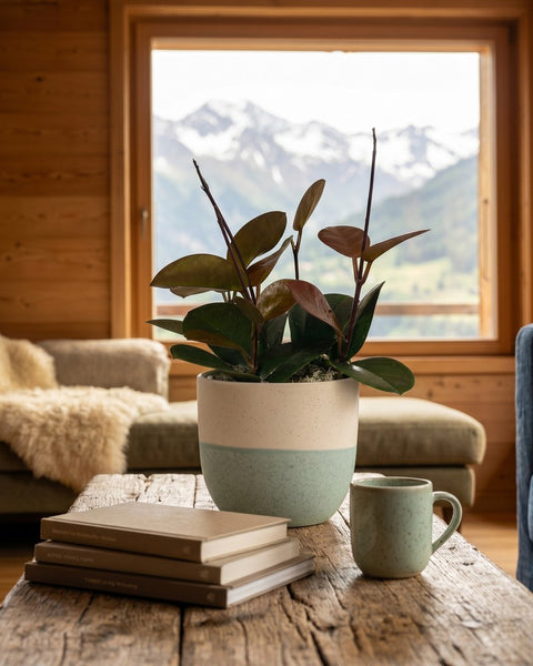Hoya australis im Variado-Topf auf rustikalem Holztisch vor Schweizer Bergpanorama