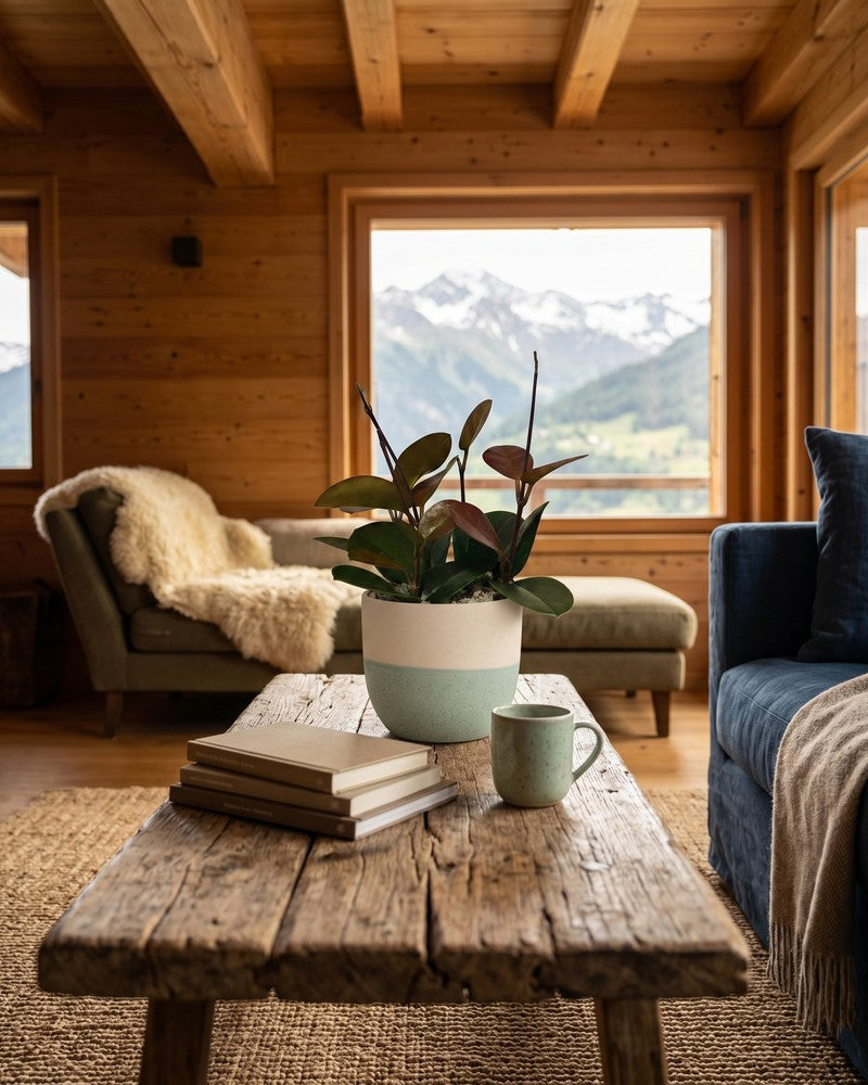 Hoya australis im Variado-Topf in gemütlichem Schweizer Chalet mit Bergblick