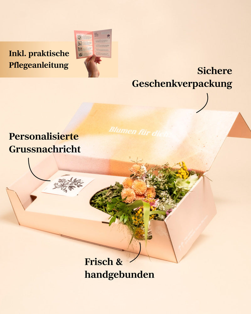 Purpurpoesie: Eine pastellfarbene Blumenschachtel mit handgebundenen Blumen, einer personalisierten Karte und einer Pflegeanleitung. Deutsche Etiketten heben praktische Pflegetipps, eine sichere Verpackung, frische Blumen und eine individuelle Grußkarte hervor.