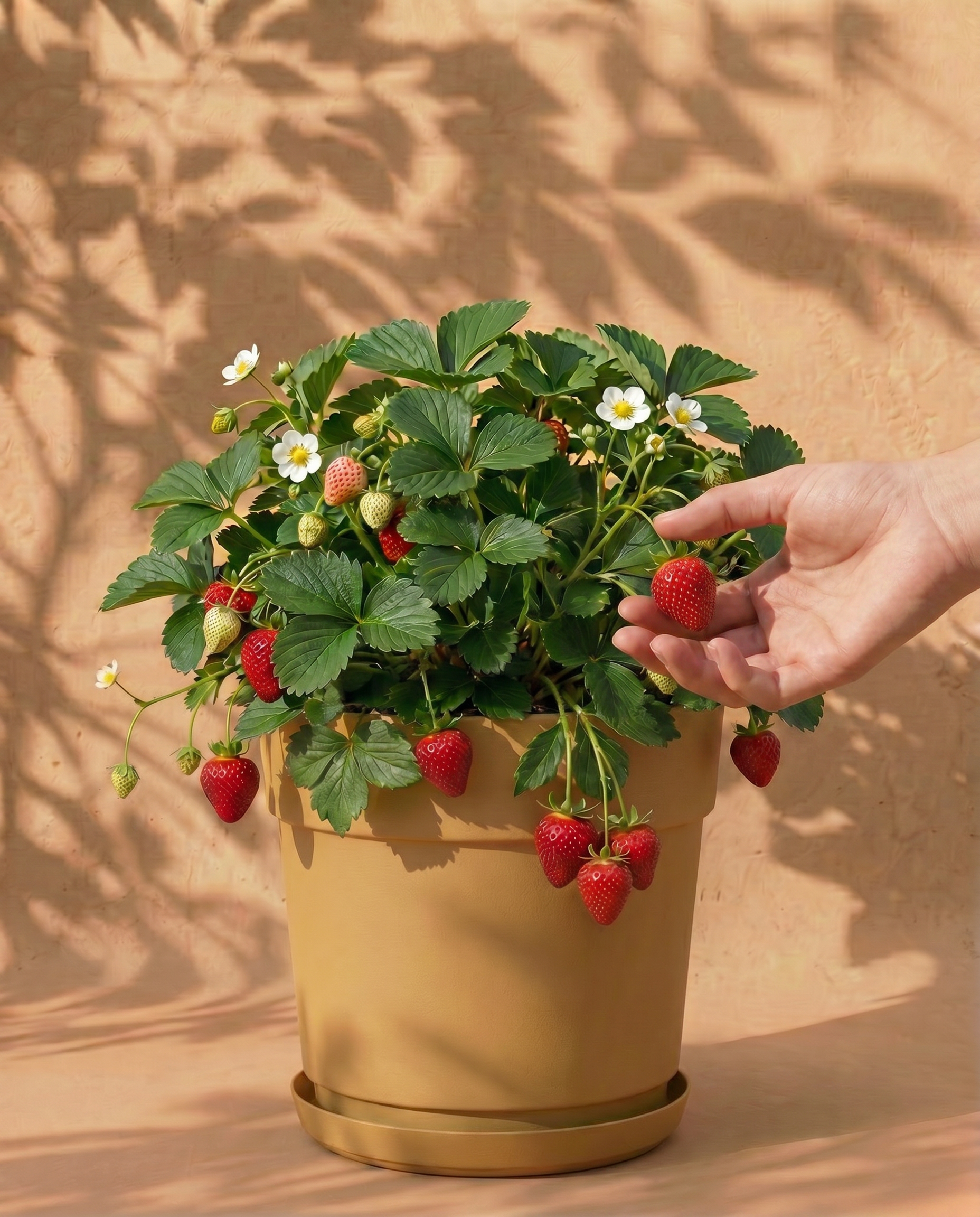 Eine Erdbeere (Wurzelstock) in einem Terrakottatopf mit grünen Blättern, weißen Blüten und reifen roten Beeren steht vor einem warmen beigen Hintergrund mit sanften Blattschatten.