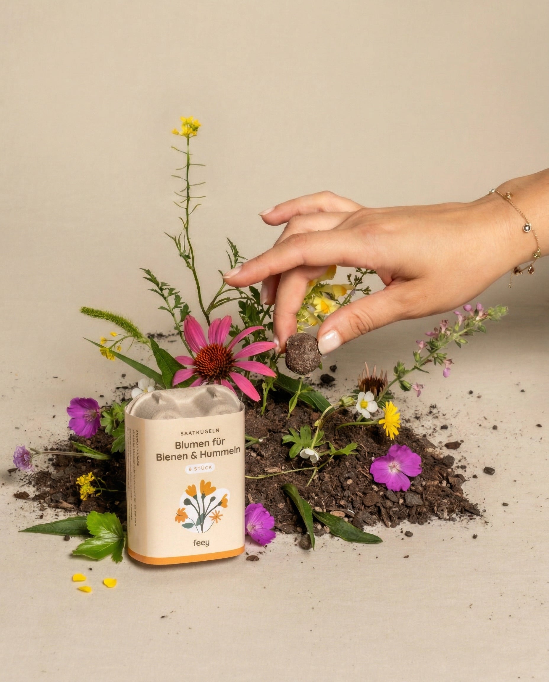 Eine Hand legt eine Saatkugel für Feld- & Wiesenblumen in die Erde, wo Wildblumen blühen und ein lebendiges Blütenparadies bilden. Daneben ruht ein biologisch abbaubarer Behälter mit deutschem Text und floralen Illustrationen auf neutralem Hintergrund.