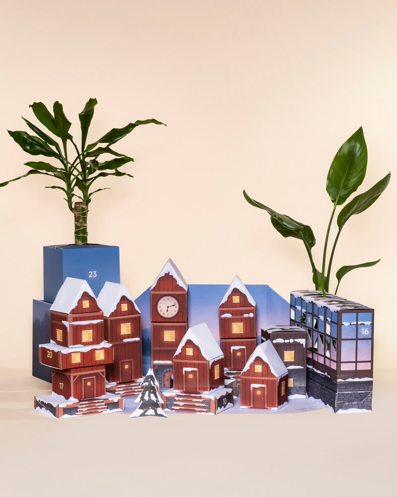Ein bezauberndes Display zeigt nummerierte Papierhäuser, wie ein verschneites Dorf, umgeben von pflegeleichten Pflanzen auf einem hellen Hintergrund - perfekt, um den Reiz des Pflanzen Adventskalenders einzufangen.