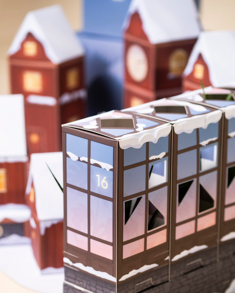 Eine Nahaufnahme des Pflanzen-Adventskalenders in Form von verschneiten Gebäuden mit nummerierten Fenstern - 16 sind zu sehen -, während im Hintergrund weitere festliche Häuser verschwimmen. Hinter jedem Fenster finden Sie pflegeleichte Pflanzen!.