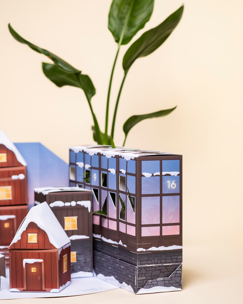 Der Pflanzen-Adventskalender zeigt ein dekoratives, verschneites Gebäudedesign mit den nummerierten Fenstern 