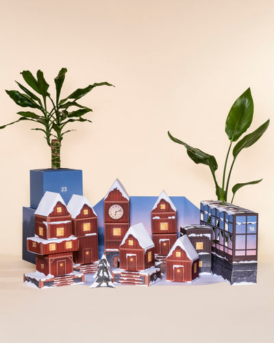 Ein bezauberndes Display zeigt nummerierte Papierhäuser, wie ein verschneites Dorf, umgeben von pflegeleichten Pflanzen auf einem hellen Hintergrund - perfekt, um den Reiz des Pflanzen Adventskalenders einzufangen.