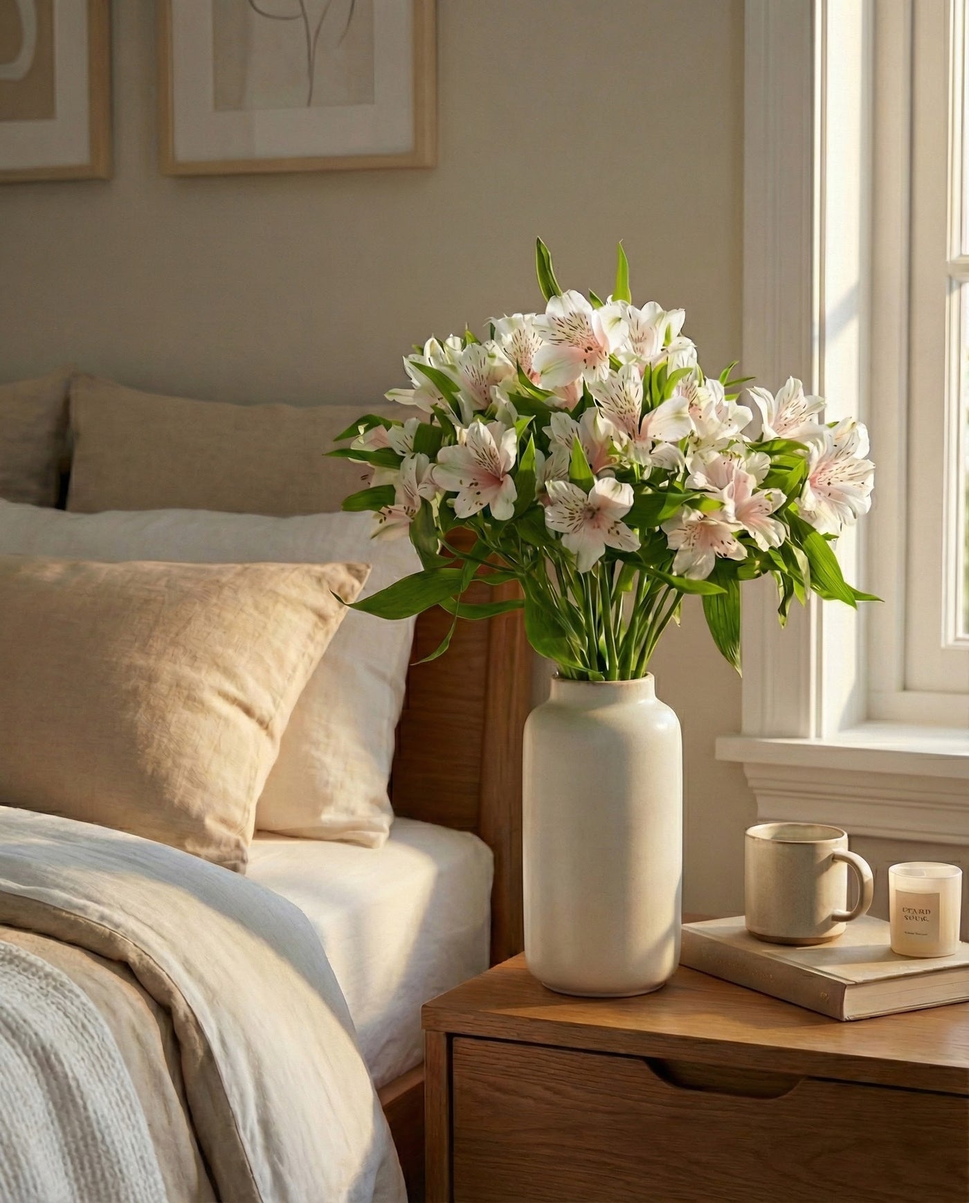 Eine Vase mit weißer Alstroemeria steht auf einem hölzernen Nachttisch neben einer Tasse, einer Kerze und einem Buch neben einem kuscheligen Bett mit beiger Bettwäsche - schön das Leben, Sonnenlicht strömt durch das Fenster.
