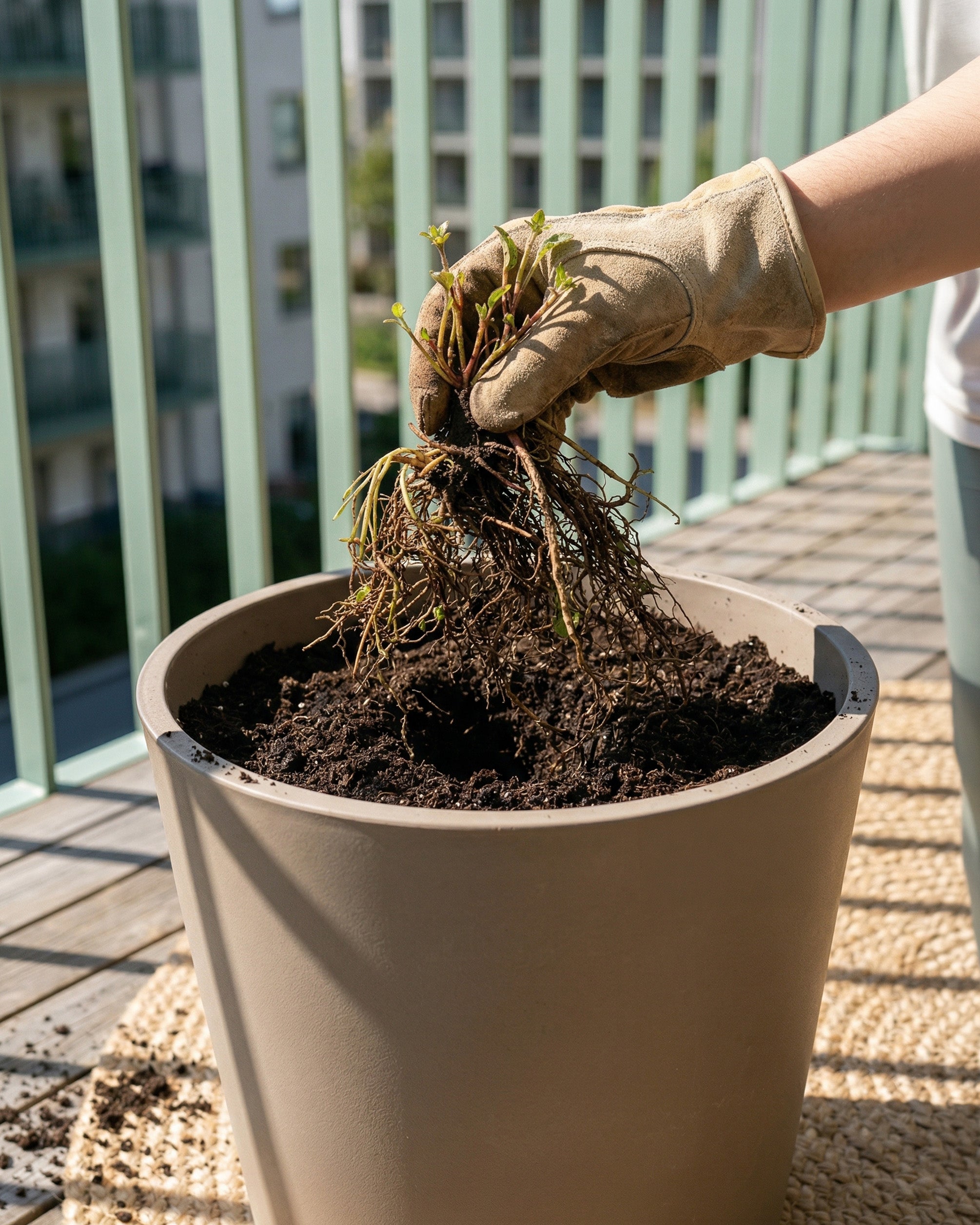 Mit Gartenhandschuhen hält eine Person einen Gelben Sonnenhut (Wurzelstock) mit freiliegenden Wurzeln über einen Topf auf dem Balkon, bereit, ihn zu pflanzen und sich an seinen gelben Blüten zu erfreuen.