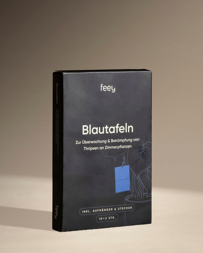 Eine schwarze Schachtel mit Blautafeln gegen Thripse, ideal zur Überwachung und Bekämpfung von Thripsen und Schädlingen an Zimmerpflanzen. Die Verpackung zeigt weißen Text und eine Pflanzenillustration, an der eine blaue Klebefalle hängt.