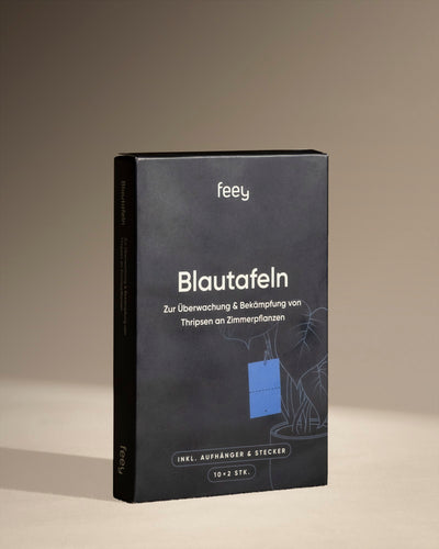 Eine schwarze Schachtel mit Blautafeln gegen Thripse, ideal zur Überwachung und Bekämpfung von Thripsen und Schädlingen an Zimmerpflanzen. Die Verpackung zeigt weißen Text und eine Pflanzenillustration, an der eine blaue Klebefalle hängt.
