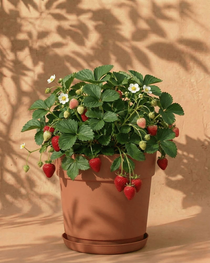 Eine Erdbeere (Wurzelstock) in einem Terrakottatopf mit grünen Blättern, weißen Blüten und reifen roten Beeren steht vor einem warmen beigen Hintergrund mit sanften Blattschatten.