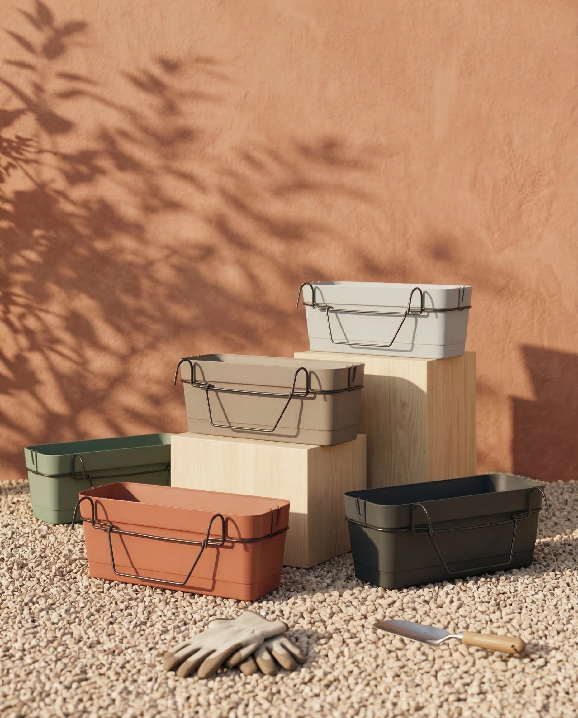 Sechs rechteckige Pflanzkästen für Geländer (Blossom | 60 cm) in erdigen Tönen stehen auf Holzblöcken und Kies, in denen ein Wasserreservoir versteckt ist. Gartenhandschuhe, eine Kelle und eine sonnenbeschienene Stuckwand schaffen die ideale Balkon-Gartenszene.