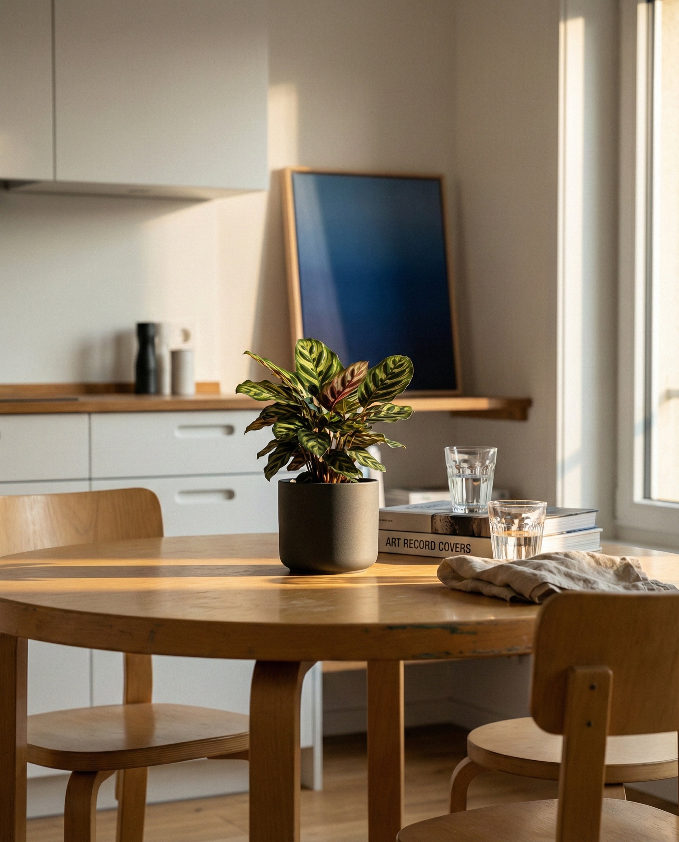 In einer modernen Küche stehen ein Holztisch und Stühle, Bücher, Trinkgläser und die tierfreundliche Zimmerpflanze Kleine Calathea makoyana - feey. Das einfallende Sonnenlicht bringt das abstrakte Kunstwerk, das an der Theke lehnt, zum Leuchten.