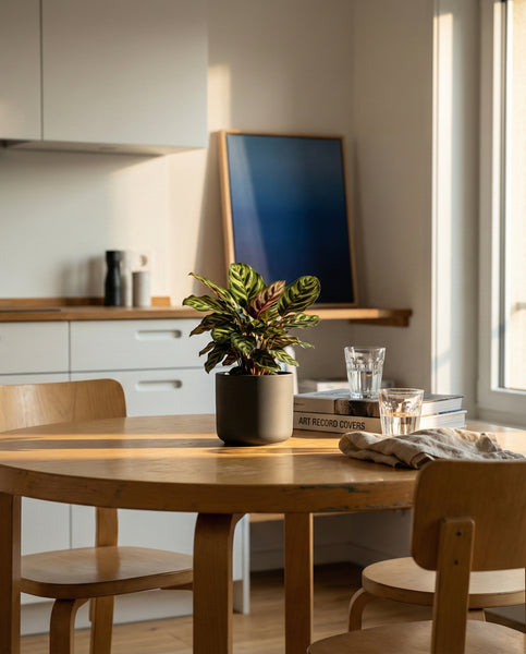 In einer modernen Küche stehen ein Holztisch und Stühle, Bücher, Trinkgläser und die tierfreundliche Zimmerpflanze Kleine Calathea makoyana - feey. Das einfallende Sonnenlicht bringt das abstrakte Kunstwerk, das an der Theke lehnt, zum Leuchten.