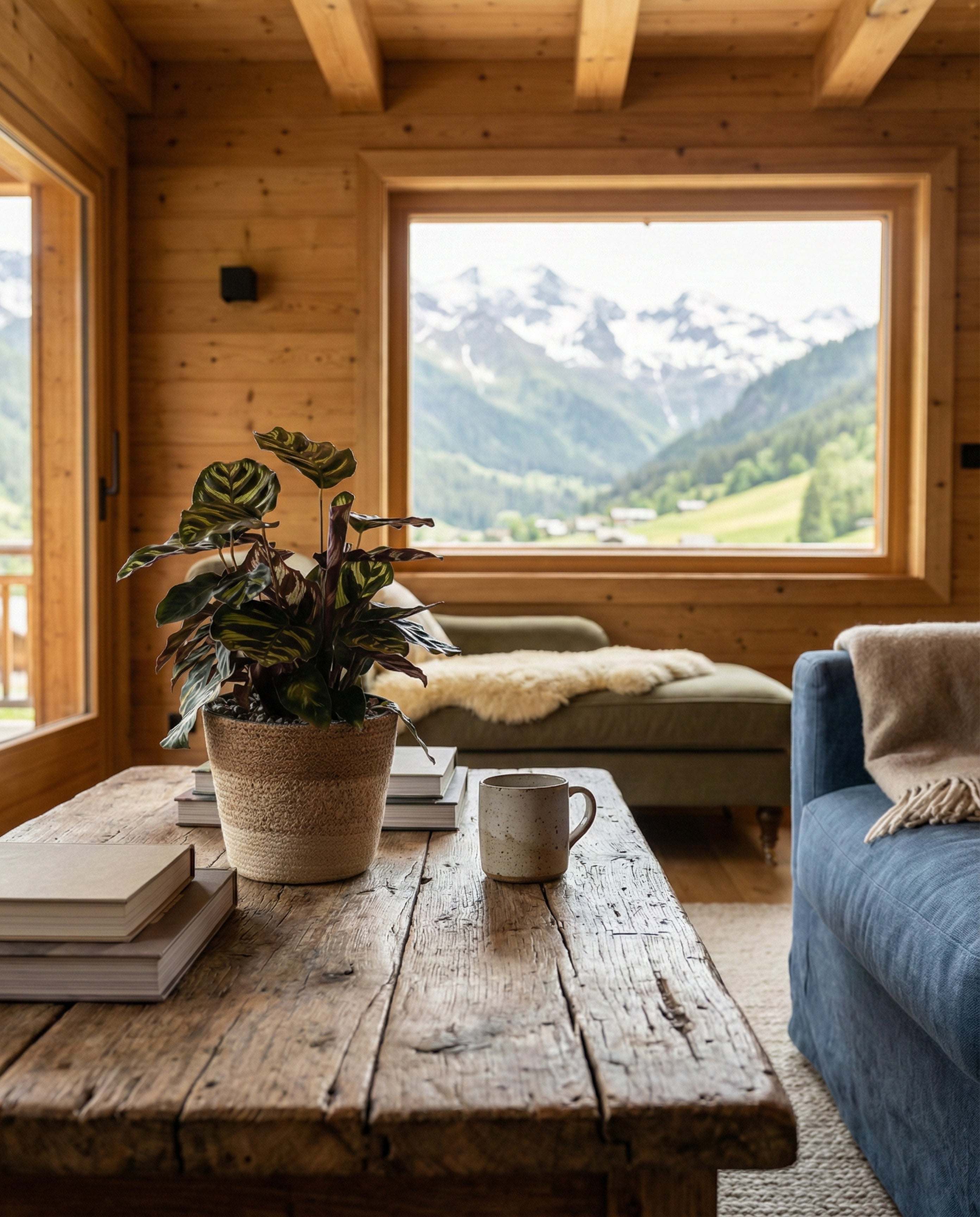 In einem gemütlichen Wohnzimmer aus Holz steht ein rustikaler Couchtisch mit Büchern, einer Tasse und der Kleinen Calathea makoyana - feey. Ein großes Fenster bietet einen malerischen Blick auf schneebedeckte Berge und ein grünes Tal.