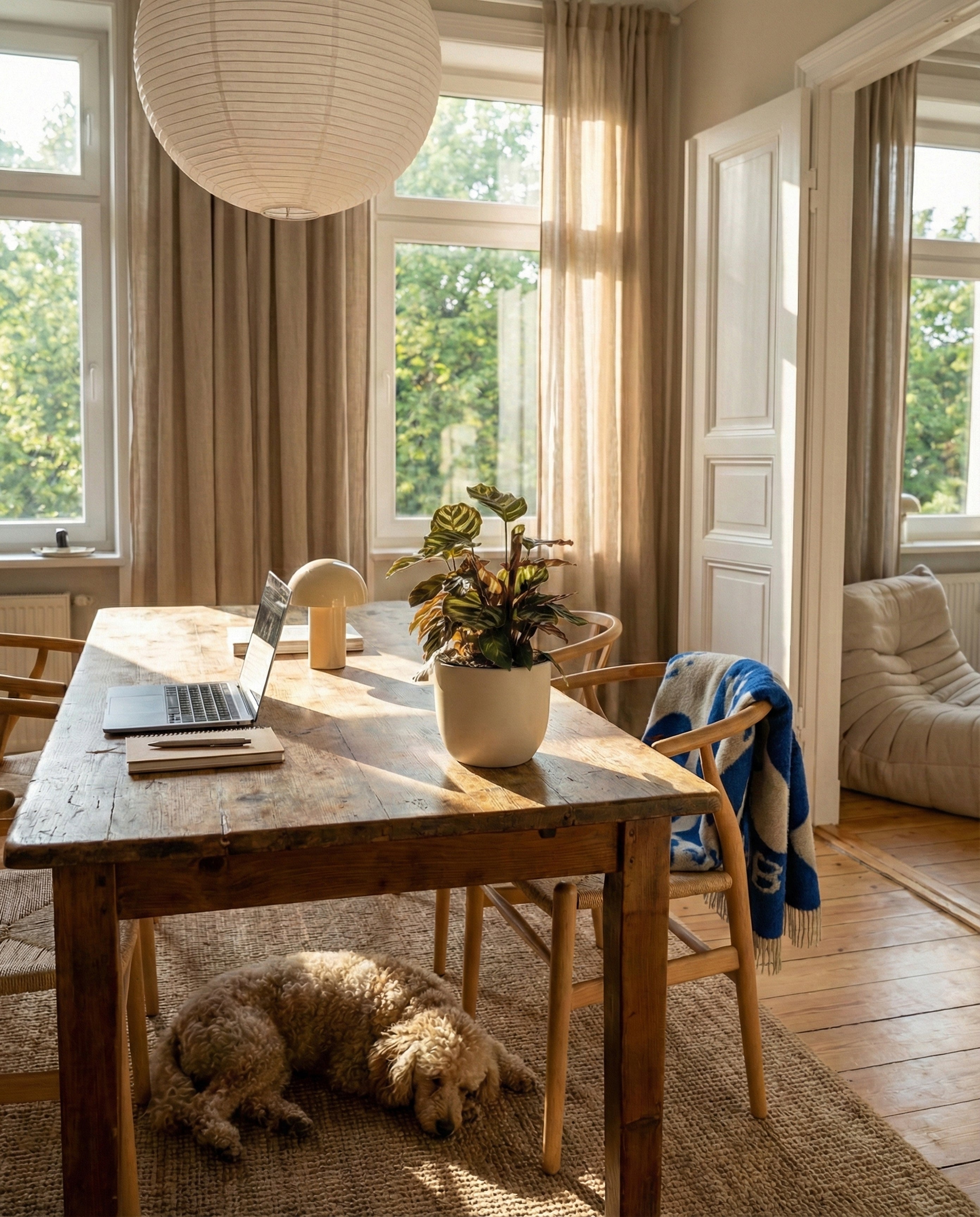 In einem sonnendurchfluteten Raum mit großen Fenstern steht ein Holztisch mit einem Laptop, einer Lampe und der Kleinen Calathea makoyana - feey. Auf einem gewebten Teppich unter dem Tisch stehen ein mit einer blauen Decke drapierter Stuhl und ein Hund mit lockigem Fell.