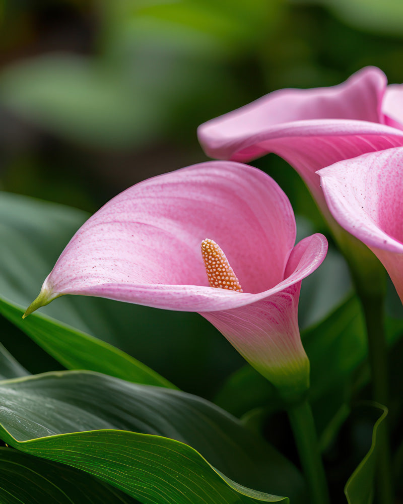Nahaufnahme einer leuchtend rosa Calla (Rosa) mit glatten, gebogenen Blütenblättern und auffälligem gelben Kolben, inmitten üppiger grüner Blätter im Freien; diese auffälligen Blüten wachsen aus einem Rhizom.