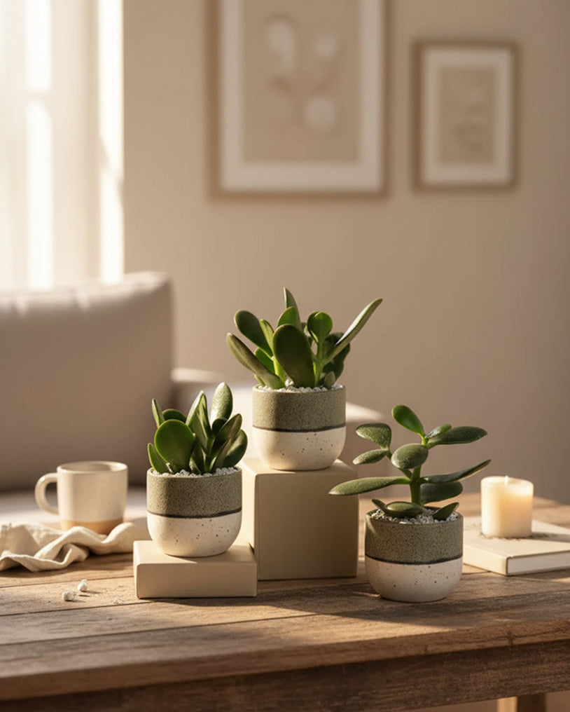 Der feey Baby Geldbaum (3er Set) zeigt drei kleine getopfte Sukkulenten, die auf Büchern arrangiert sind und auf einem Holztisch stehen. Eine Kaffeetasse, eine brennende Kerze und ein beiges Sofa im sonnenbeschienenen Hintergrund sorgen für eine gemütliche Atmosphäre.