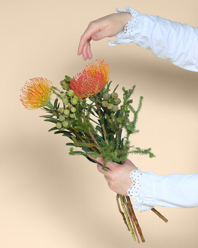 Eine Person in einem weißen, langärmeligen Hemd mit Spitzenmanschetten hält den Couture-Strauß - feurig orangefarbene und gelbe Nadelkissen-Proteas - vor einem beigen Hintergrund. Eine Hand arrangiert sanft die Stängel, was an subtile Haute Couture Eleganz erinnert.