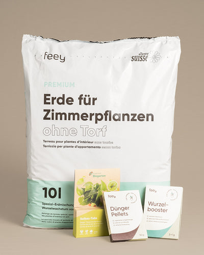 Grosses Umtopfset von feey – Ein Beutel mit Zimmerpflanzenerde von feey, Solbac-Tabs gegen Trauermücken, Wurzelbooster und Dünger Pellets 