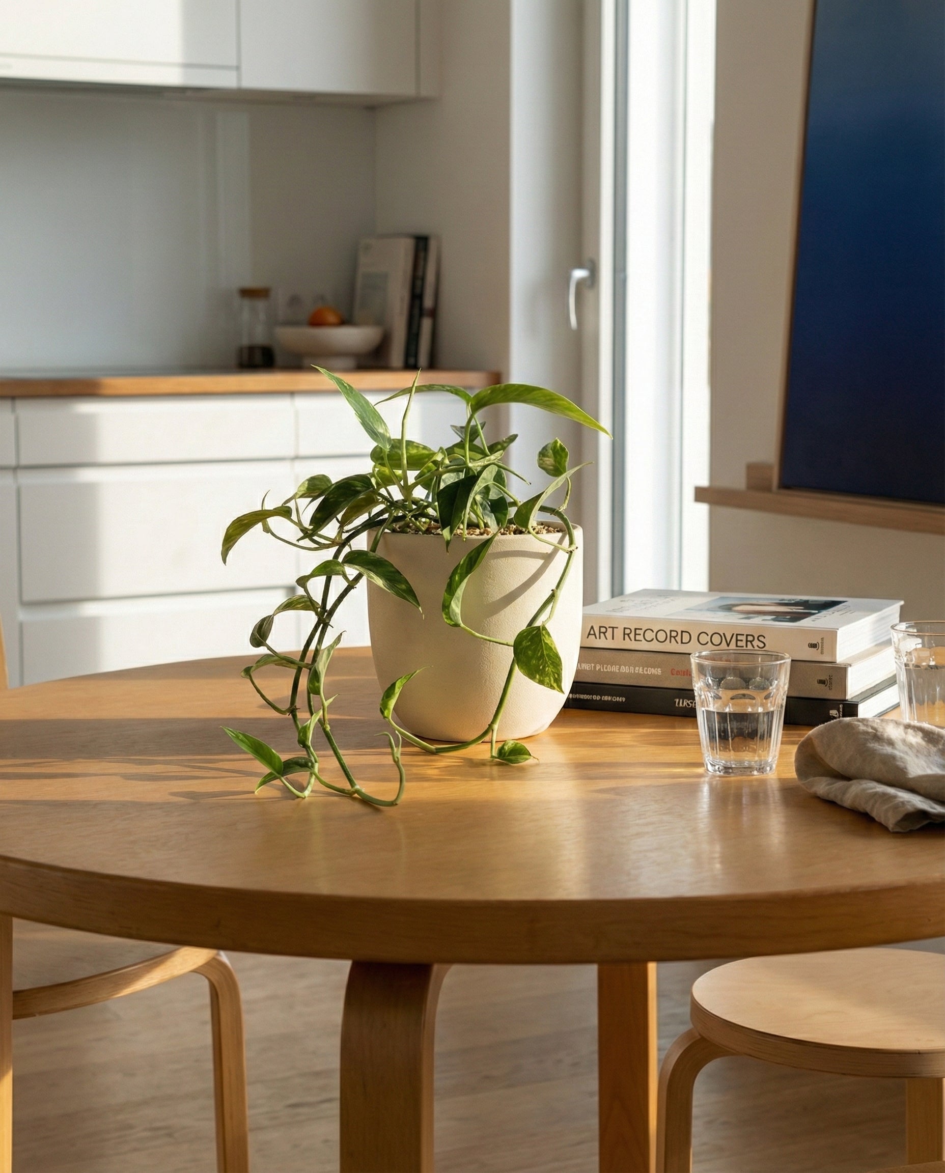 Ein Epipremnum pinnatum variegata - feey sitzt auf einem runden Holztisch neben zwei Wassergläsern, einer gefalteten Serviette und Büchern in einer sonnenbeschienenen modernen Küche mit hellen Schränken.